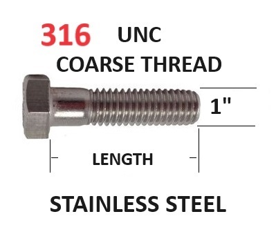 1 inch UNC Hex Head Bolts Stainless Steel Marine Grade 316 A4-70  All Lengths